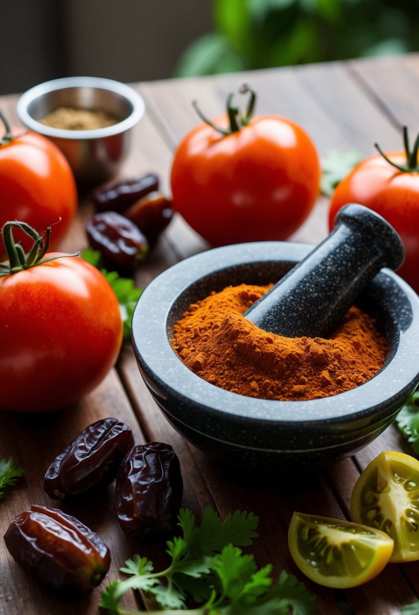 A table set with ingredients: ripe tomatoes, dates, spices, and a mortar and pestle for making Bengali Tomato Khejur Chutney