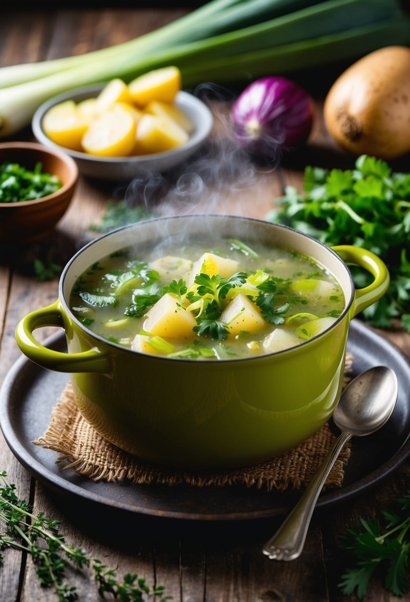 A steaming pot of leek and potato soup surrounded by fresh vegetables and herbs on a rustic wooden table