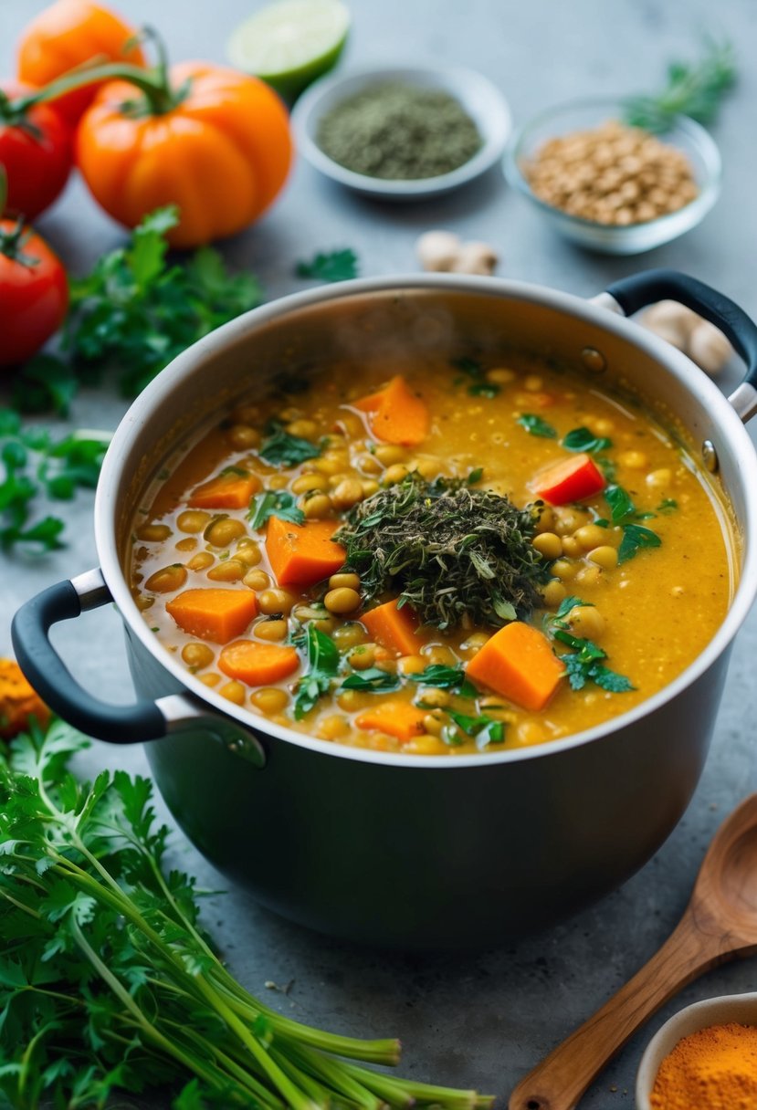 A pot of turmeric lentil broth simmers with colorful vegetables and aromatic herbs