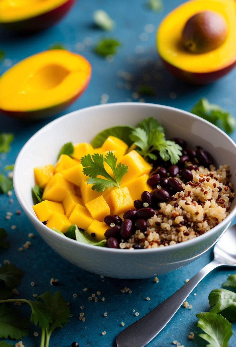 A colorful bowl of mango, black bean, and quinoa salad with fresh ingredients scattered around