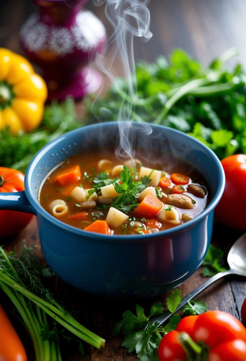 A steaming pot of minestrone soup surrounded by fresh vegetables and herbs