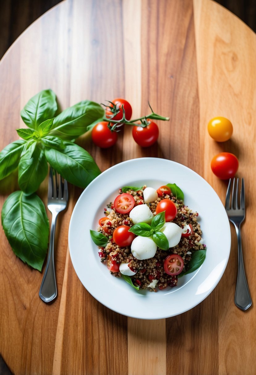 A wooden table with a white plate holding a colorful Caprese quinoa salad, surrounded by fresh basil leaves, cherry tomatoes, and mozzarella cheese balls