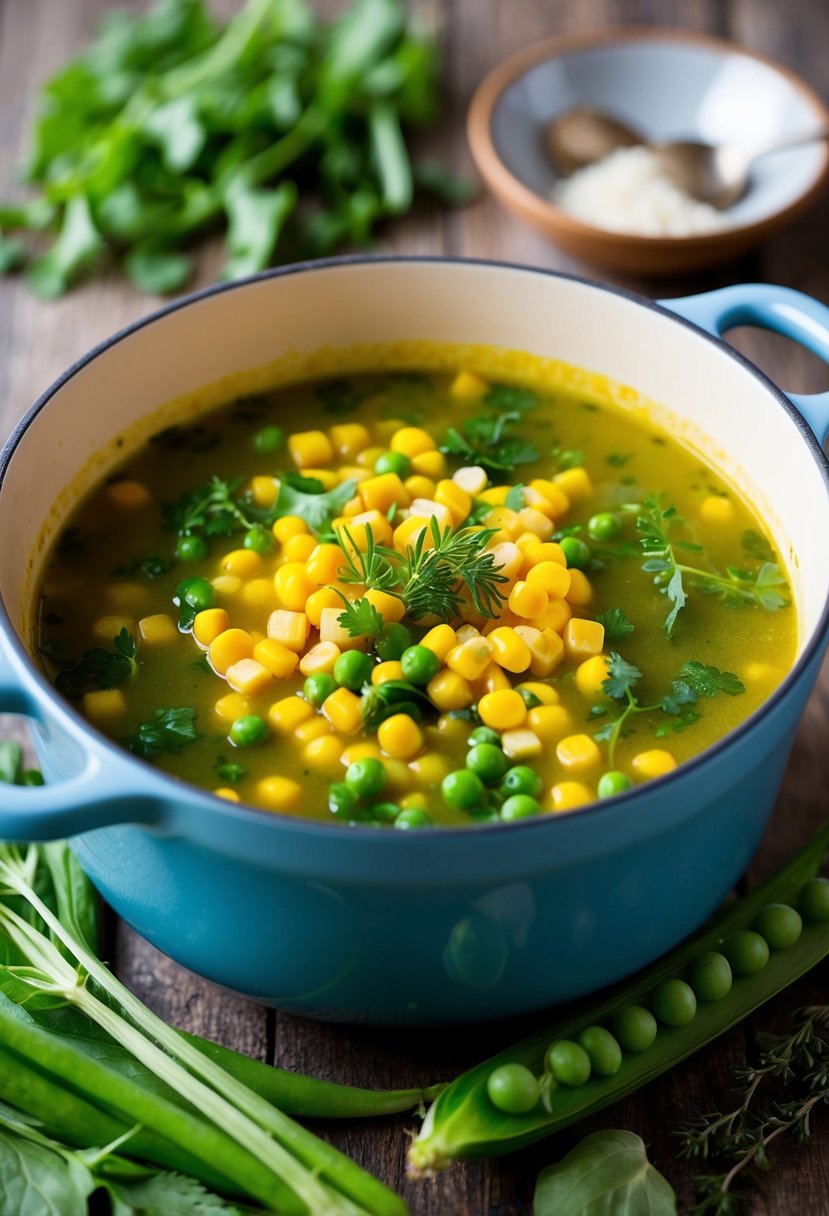 A pot of simmering sweet corn and pea soup with vibrant green vegetables and aromatic herbs