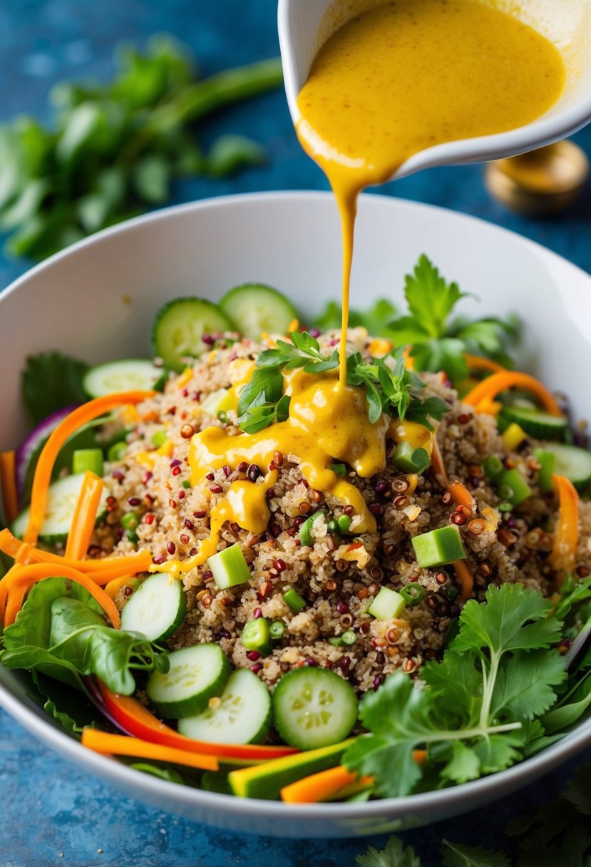 A vibrant bowl of quinoa salad with colorful vegetables, fresh herbs, and a drizzle of spicy Thai dressing