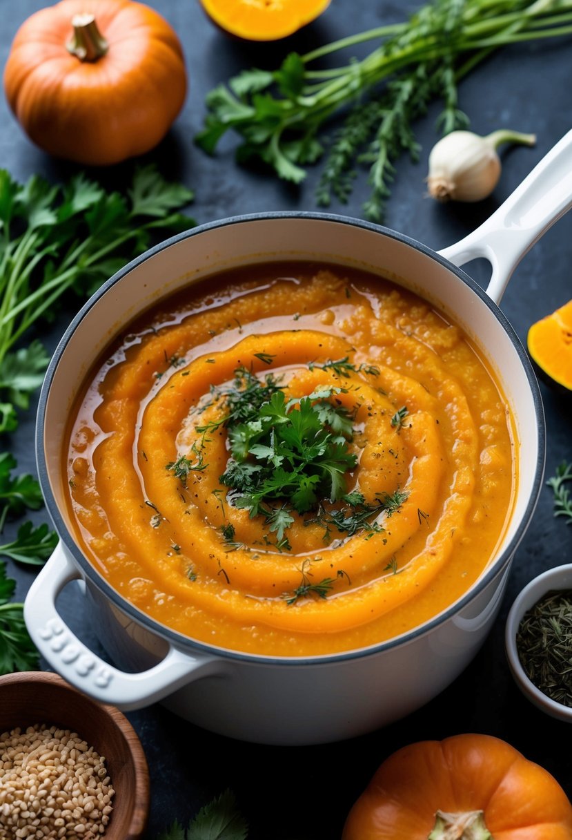 A pot of simmering butternut squash soup surrounded by fresh vegetables and herbs