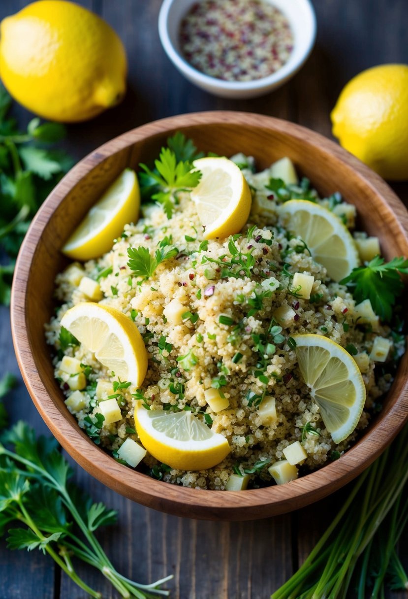 A wooden bowl filled with lemon herb quinoa salad, surrounded by fresh ingredients like lemons, herbs, and cooked quinoa