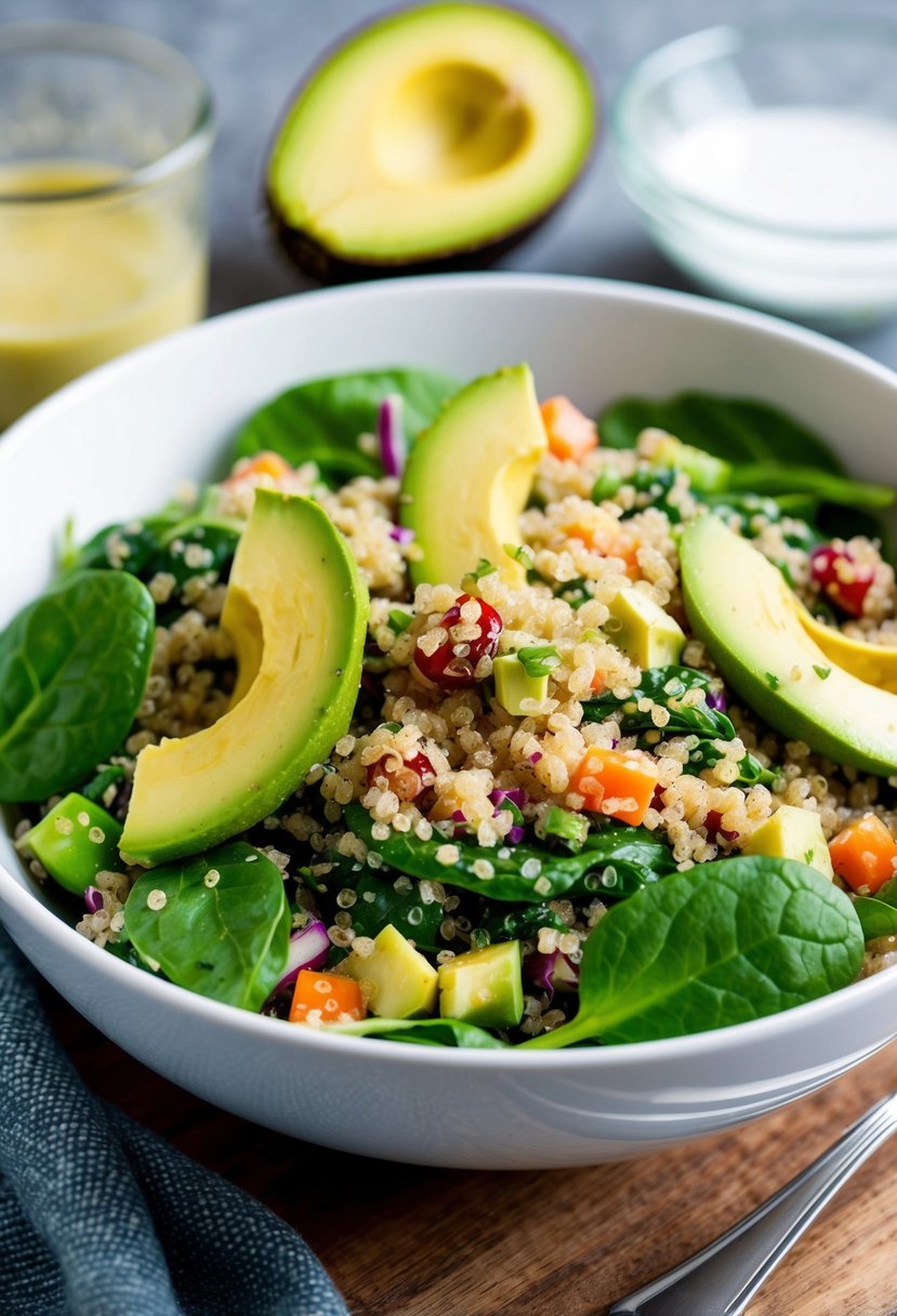 A vibrant bowl of quinoa avocado spinach salad with colorful ingredients and a light dressing