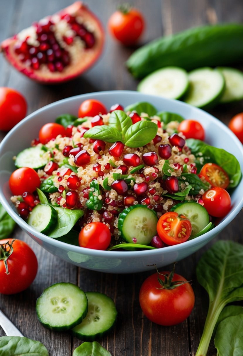 A bowl of pomegranate quinoa salad surrounded by fresh ingredients like spinach, cucumber, and cherry tomatoes