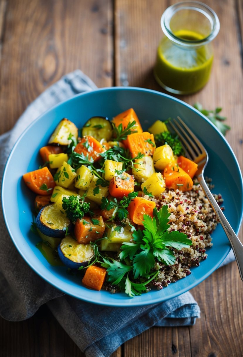 A colorful bowl of roasted vegetables, quinoa, and fresh herbs, drizzled with a tangy vinaigrette, sitting on a rustic wooden table