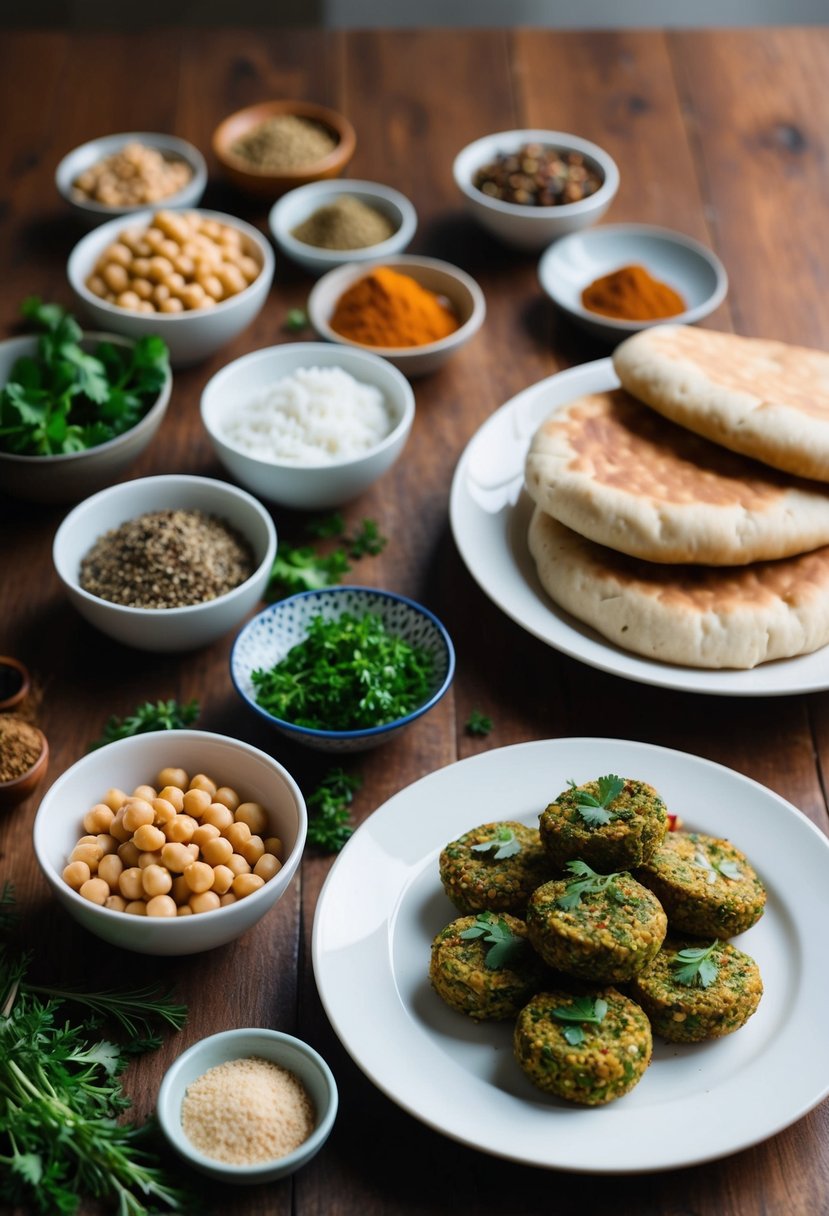 A table filled with various ingredients such as chickpeas, herbs, and spices, alongside pocket bread and a plate of freshly made falafel