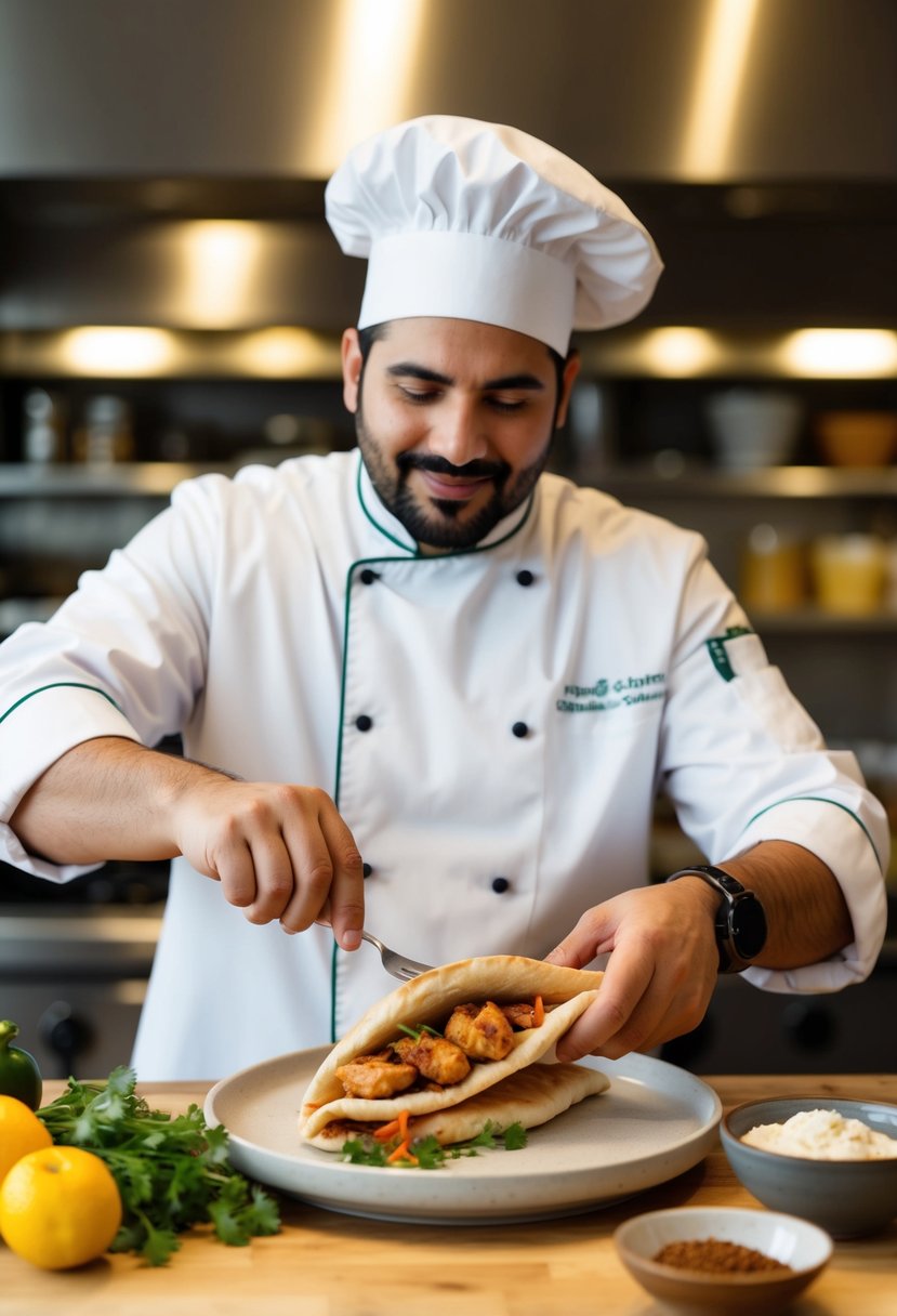 A chef assembling a chicken shawarma pita pocket with fresh ingredients and spices