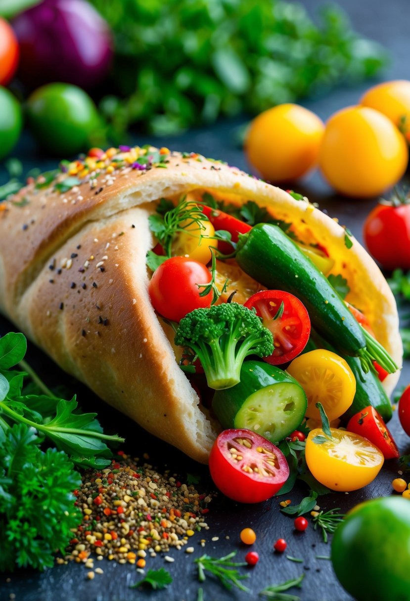 A colorful array of fresh Mediterranean vegetables spilling out of a pocket bread, surrounded by vibrant herbs and spices