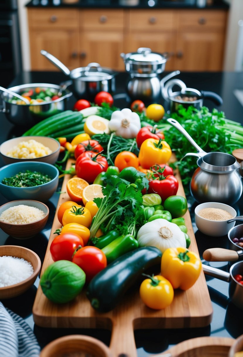 A colorful array of fresh ingredients arranged on a wooden cutting board, surrounded by various kitchen utensils and cooking equipment