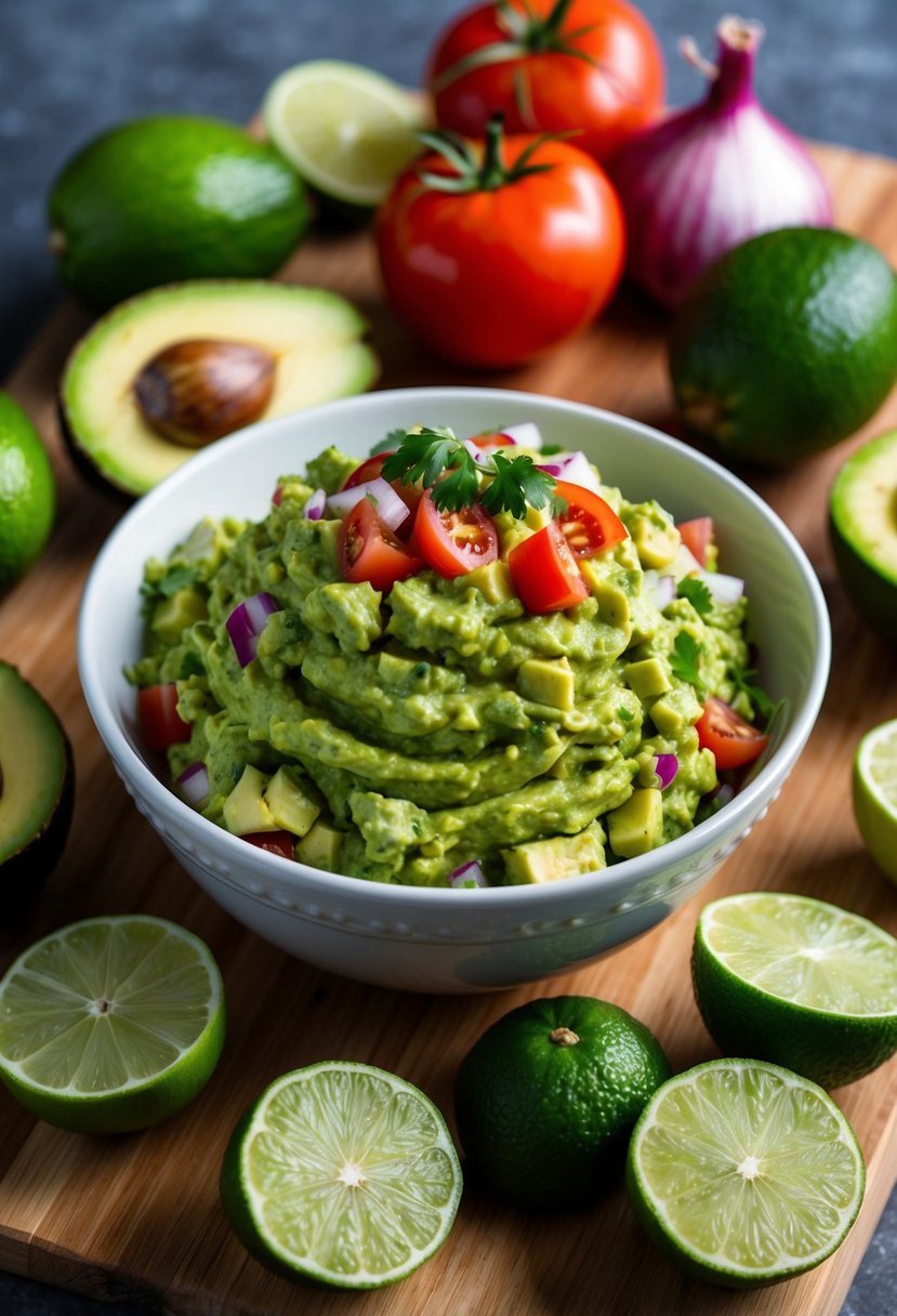 A bowl of freshly made guacamole surrounded by ripe avocados, tomatoes, onions, and limes on a wooden cutting board