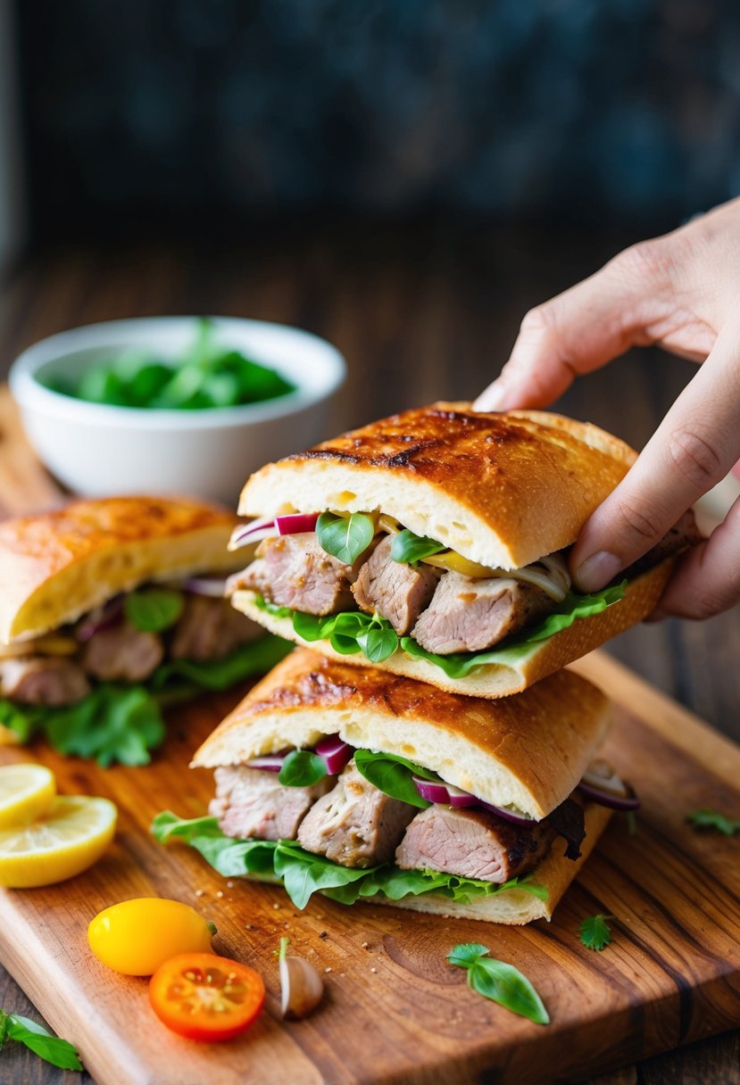 Grilled lamb pocket sandwiches being assembled with fresh ingredients on a wooden cutting board