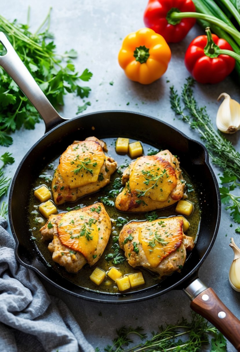 A sizzling skillet with garlic butter chicken, surrounded by fresh herbs and colorful vegetables