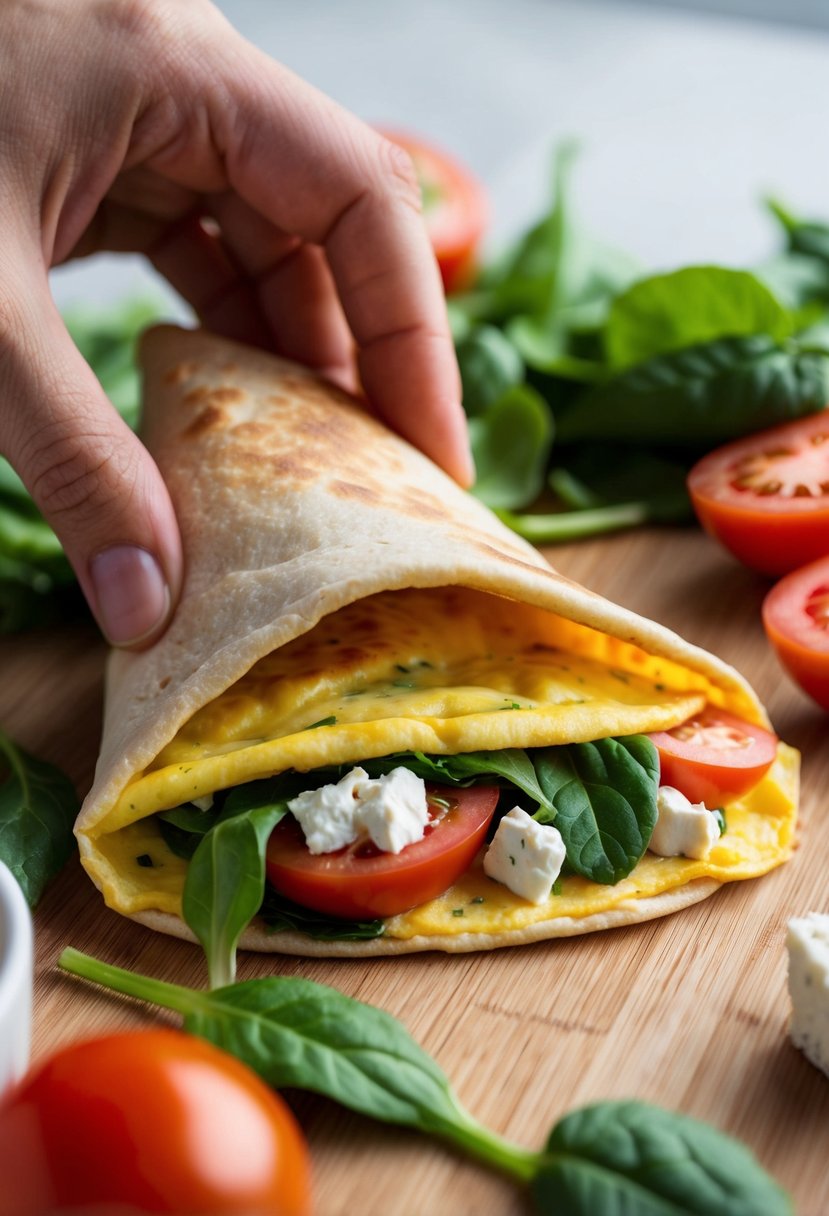 A breakfast omelet being folded into a pita pocket, surrounded by fresh ingredients like tomatoes, spinach, and feta cheese