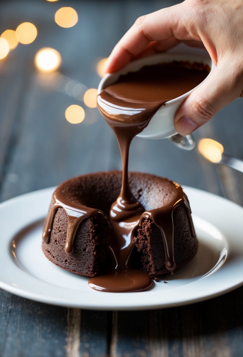 A chocolate lava cake being sliced open, oozing warm, molten chocolate from the center onto a white plate