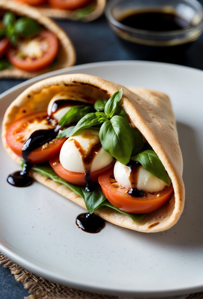 A pita pocket filled with fresh tomatoes, mozzarella, and basil, drizzled with balsamic glaze