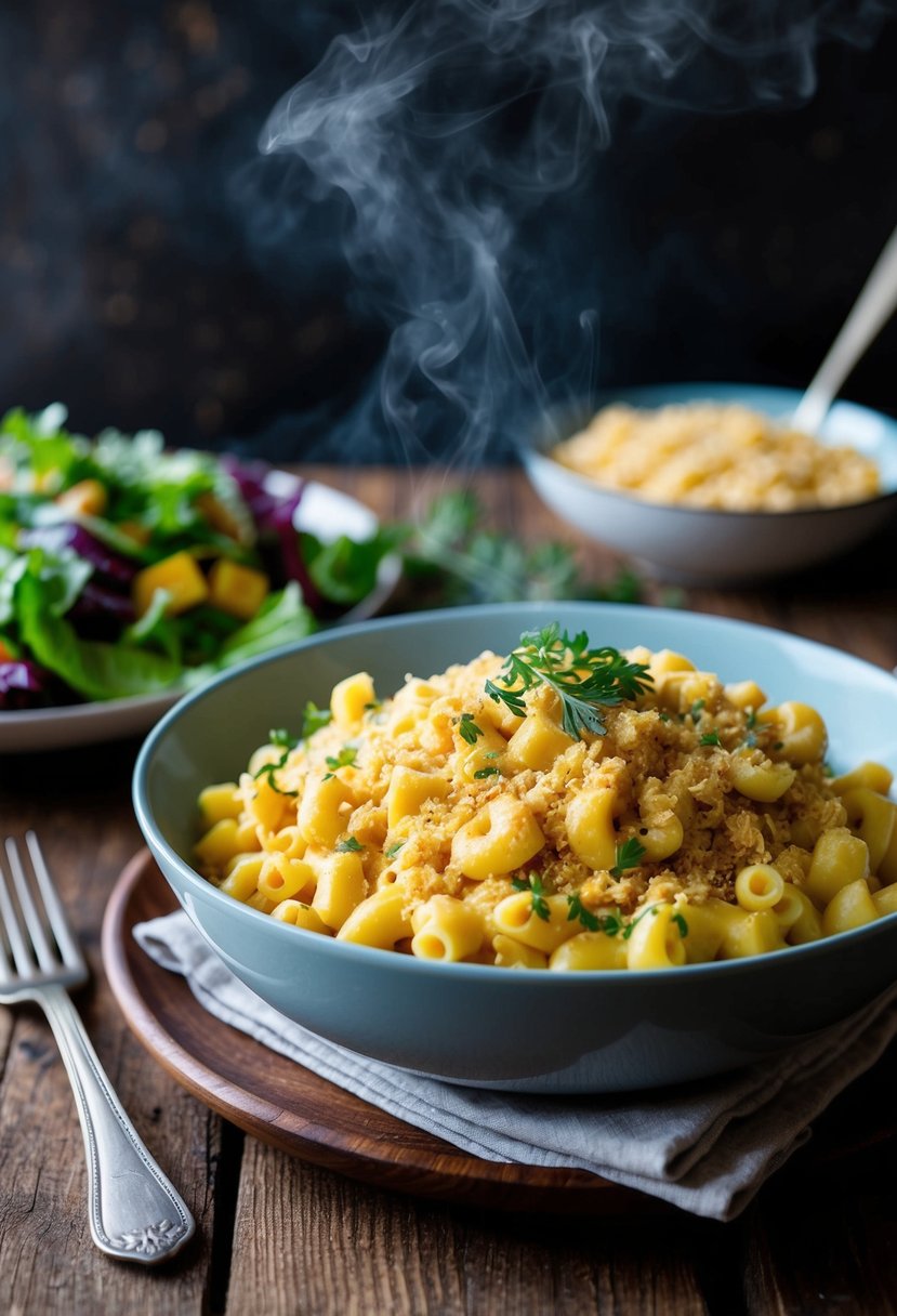 A steaming bowl of vegan mac and cheese, topped with breadcrumbs and fresh herbs, sits on a rustic wooden table next to a colorful salad