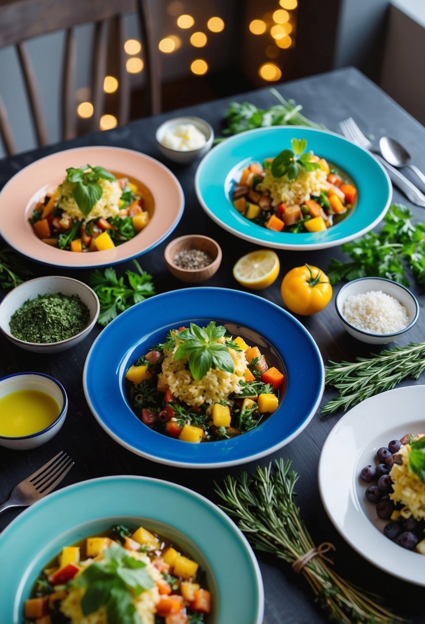 A table set with colorful Mediterranean keto dishes, surrounded by fresh herbs and ingredients