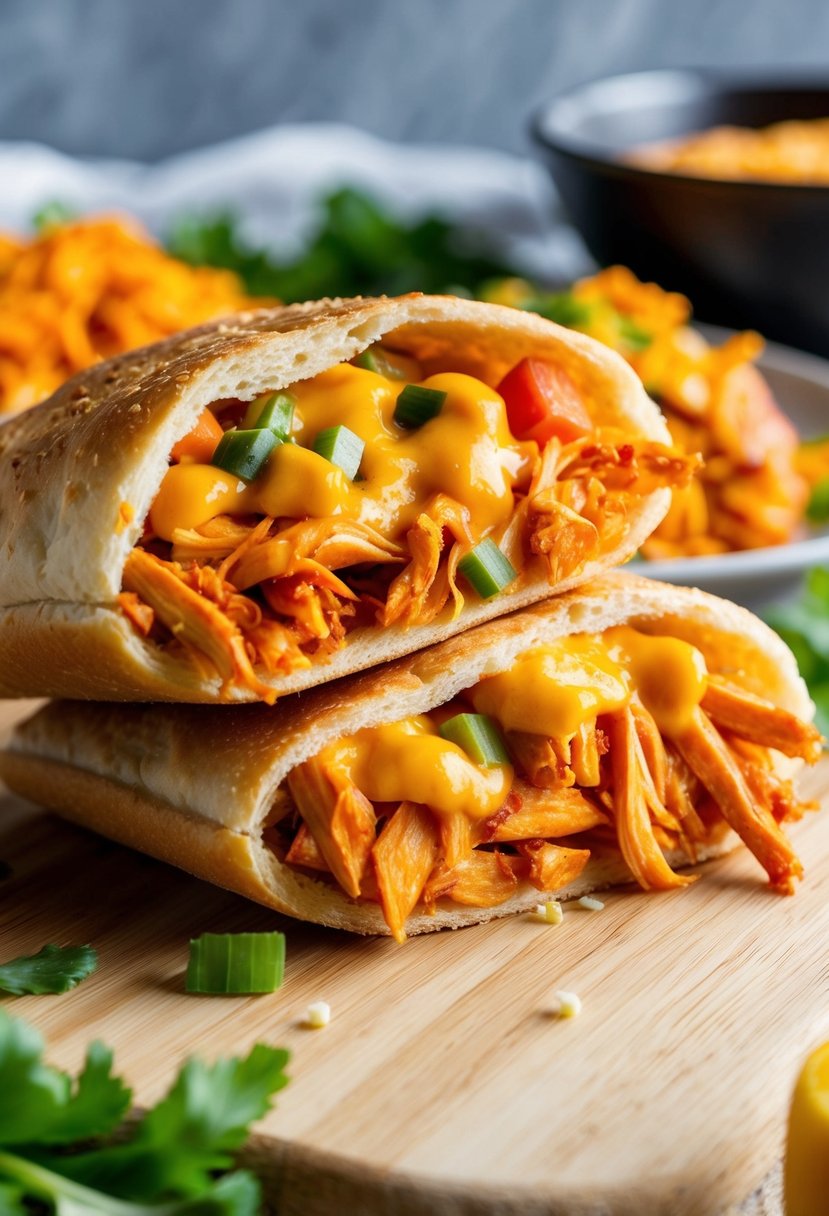 A buffalo chicken pocket bread being filled with spicy shredded chicken, melted cheese, and diced vegetables