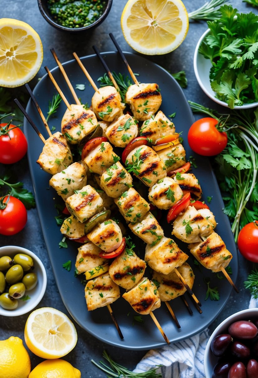 A table set with grilled lemon herb chicken skewers, surrounded by Mediterranean keto diet ingredients like olives, tomatoes, and fresh herbs