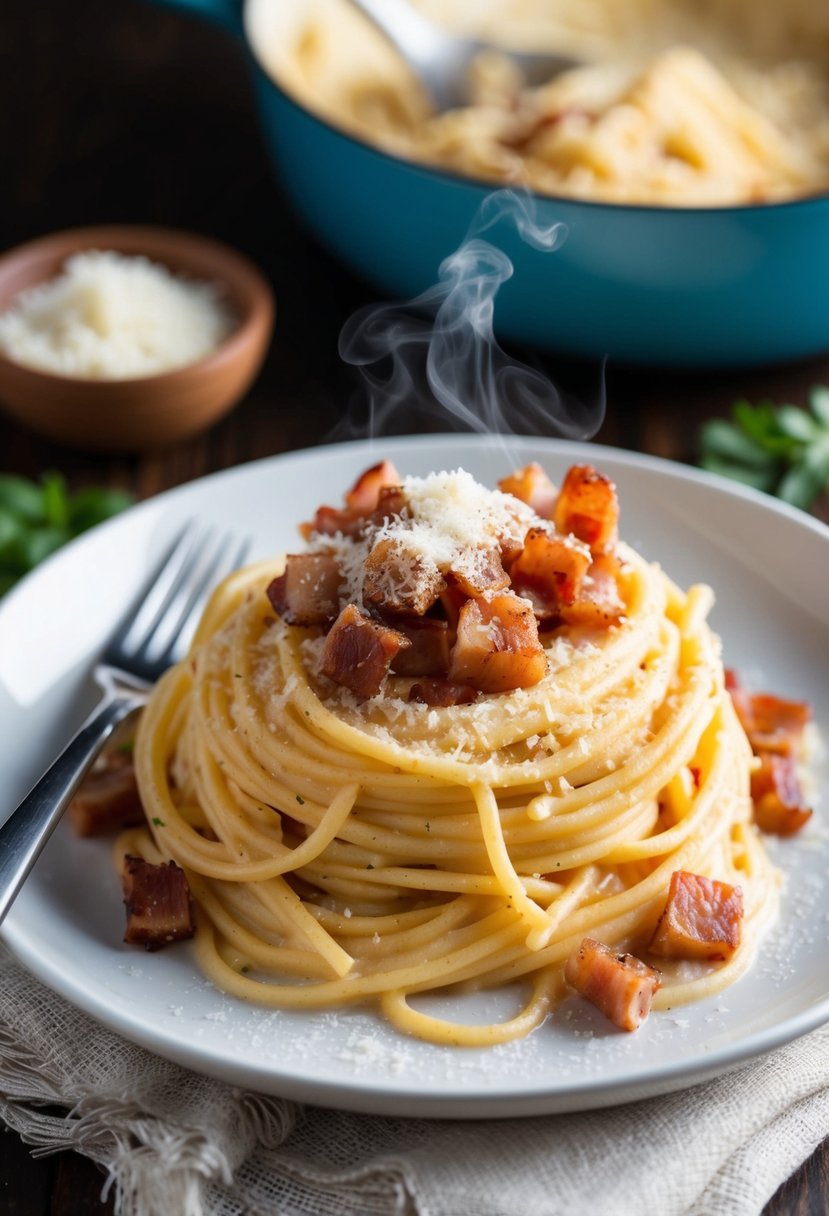 A steaming plate of spaghetti carbonara with crispy pancetta, creamy sauce, and a sprinkle of freshly grated Parmesan cheese