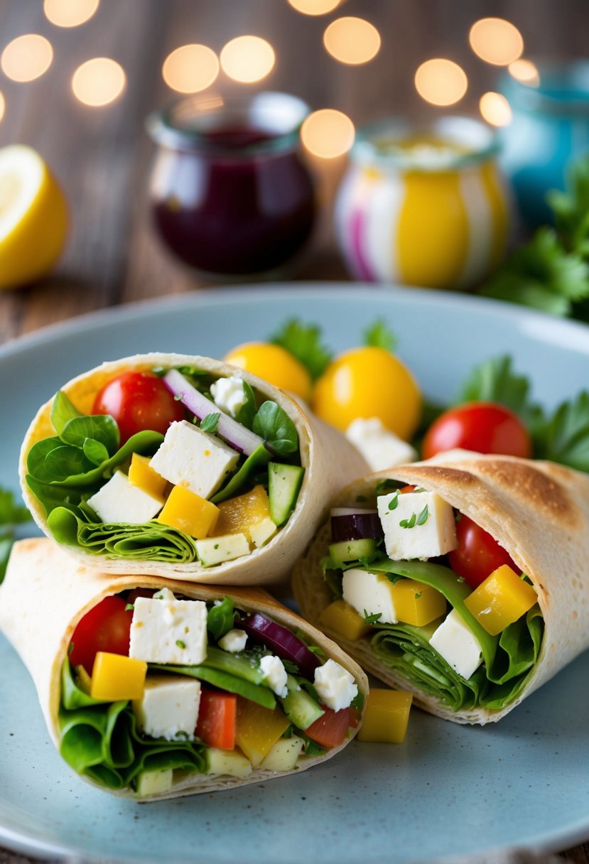 A colorful Greek salad wrap with fresh vegetables and feta cheese, wrapped in pocket bread