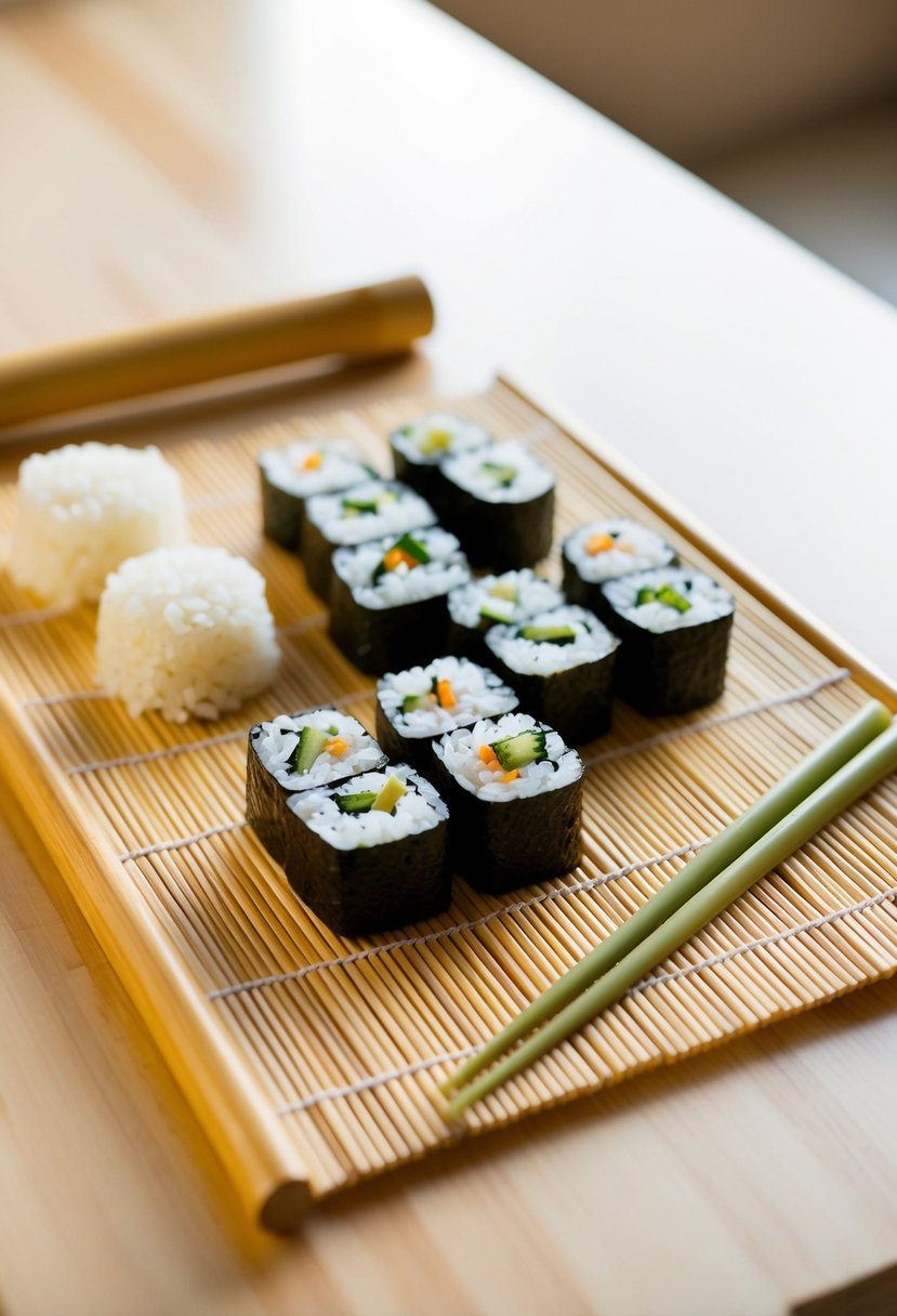 A bamboo sushi rolling mat with nori, rice, and various fillings laid out on a clean, wooden surface