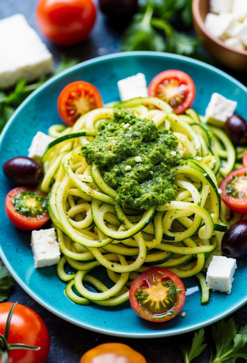 A colorful plate of zucchini noodles topped with vibrant green pesto, surrounded by fresh Mediterranean ingredients like tomatoes, olives, and feta cheese