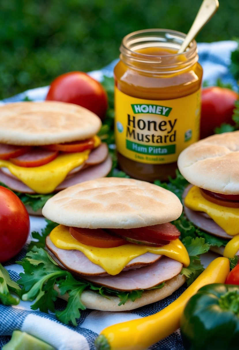 A picnic spread with honey mustard ham pitas, surrounded by fresh vegetables and a jar of honey mustard