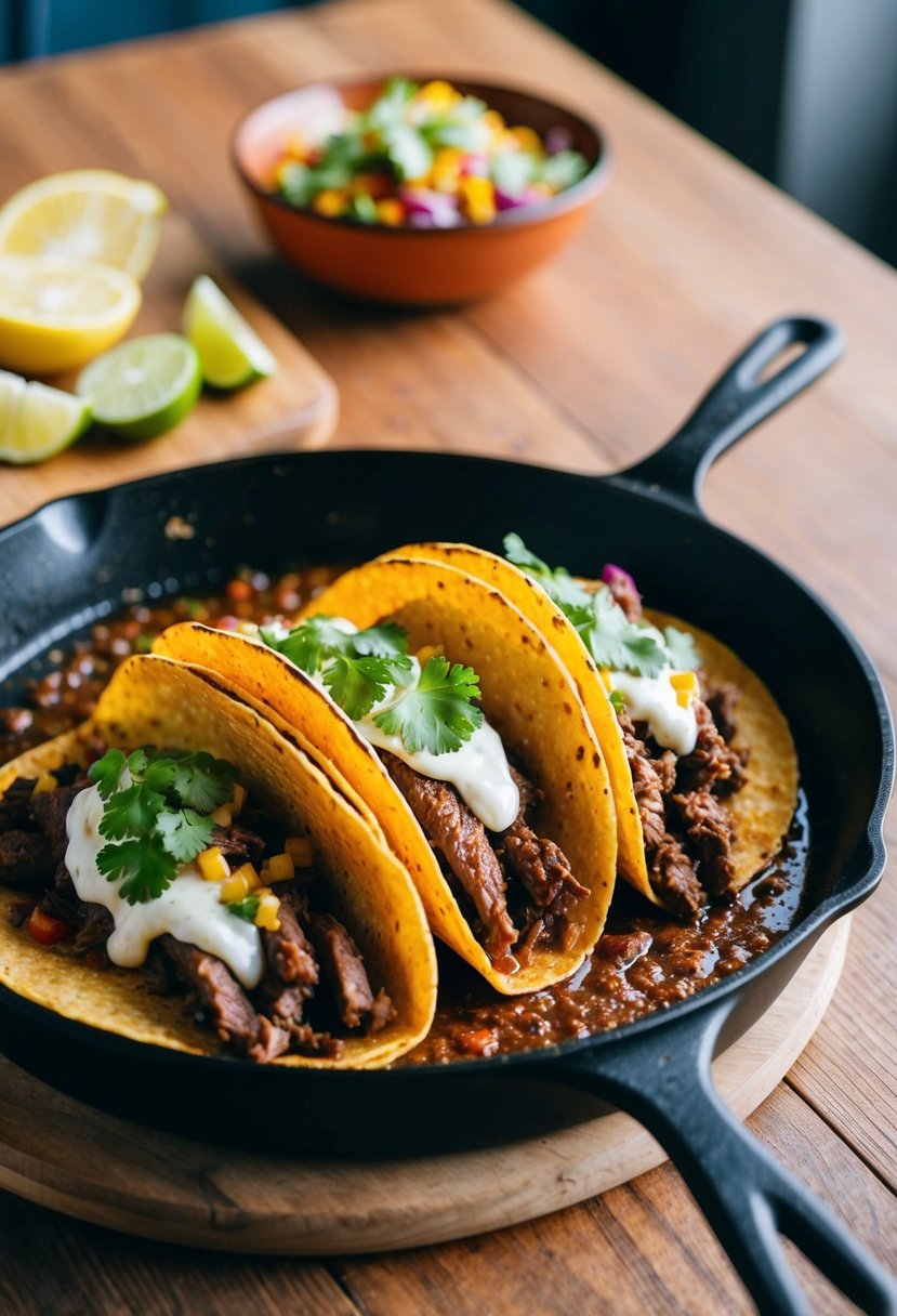 A sizzling skillet of classic beef tacos with vibrant toppings on a wooden table