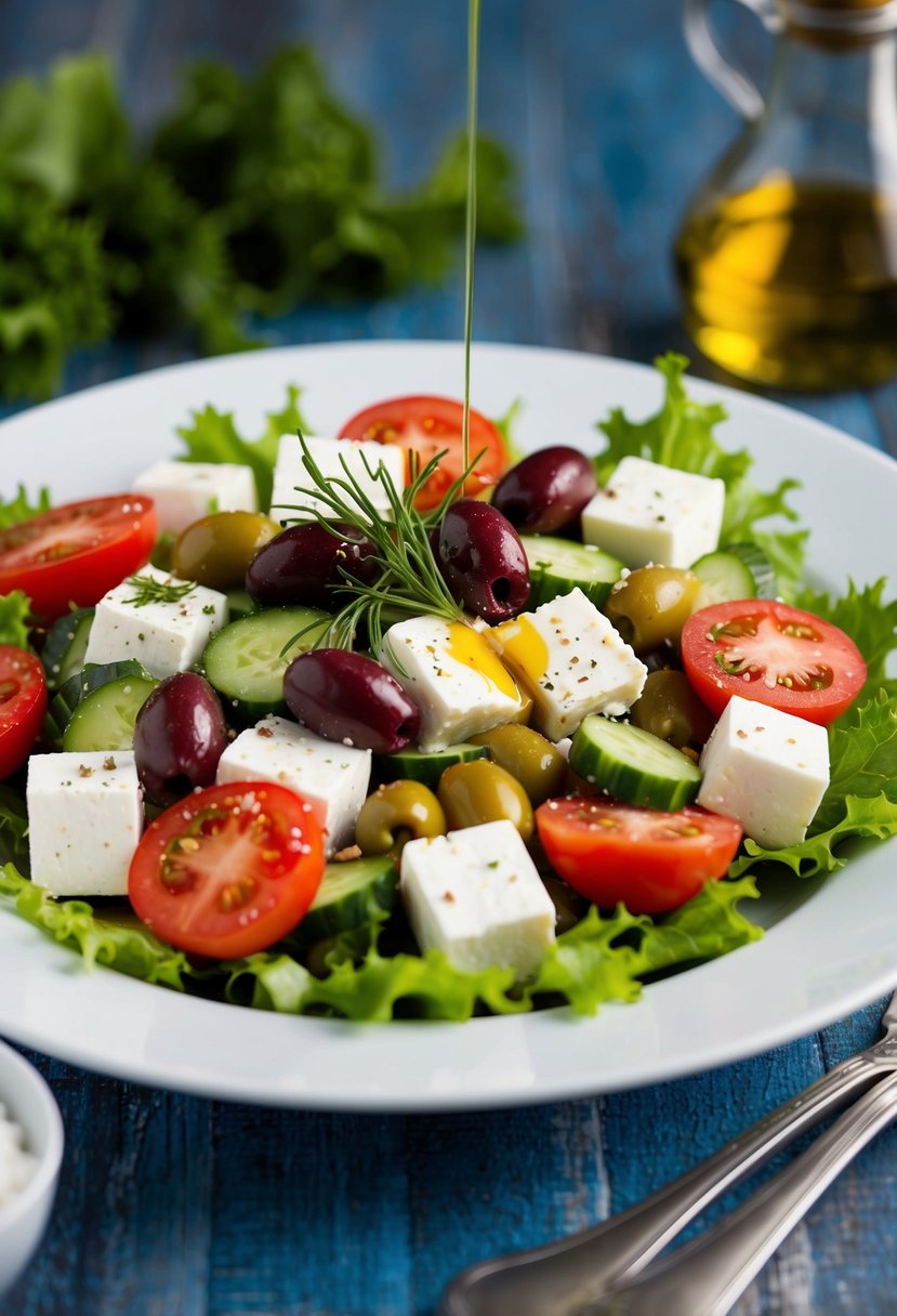 A colorful Greek salad with feta cheese, olives, tomatoes, cucumbers, and lettuce arranged on a white plate, with a drizzle of olive oil and sprinkle of herbs