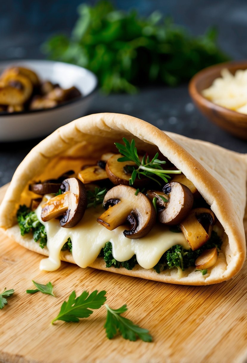 A pita pocket filled with sautéed mushrooms, melted Swiss cheese, and fresh herbs on a wooden cutting board