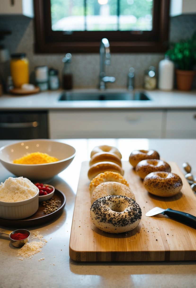 A kitchen counter with ingredients and tools for making bagels