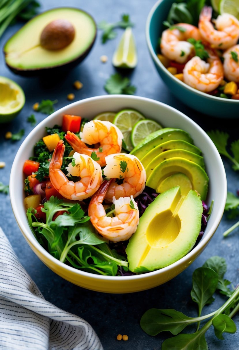 A colorful bowl filled with spicy shrimp, ripe avocado, fresh greens, and vibrant Mediterranean-inspired ingredients