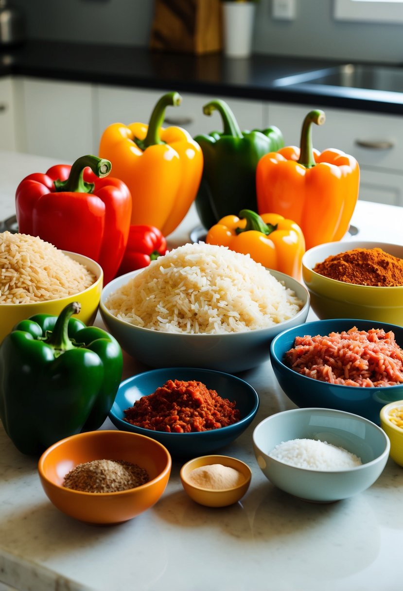 A colorful array of ingredients - bell peppers, rice, ground meat, and spices - arranged on a clean kitchen countertop