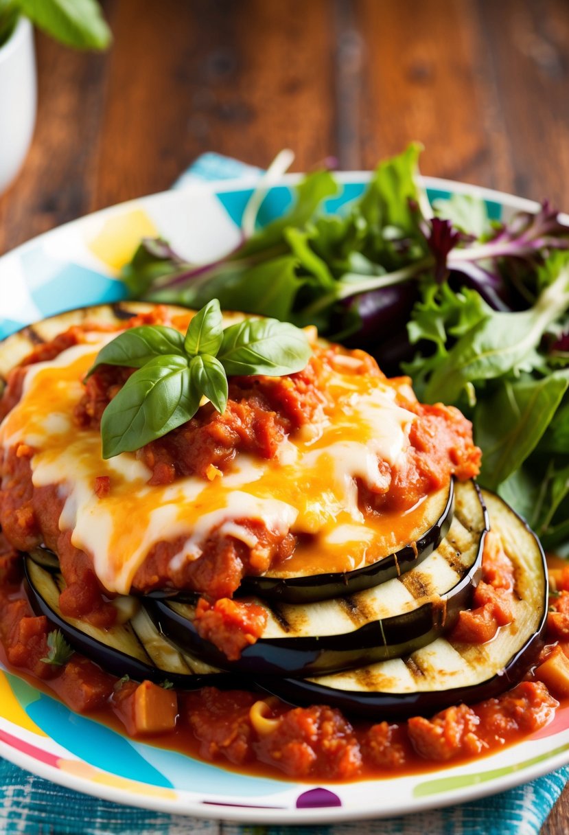 A colorful plate of eggplant slices layered with marinara sauce and melted cheese, garnished with fresh basil and served with a side of mixed greens