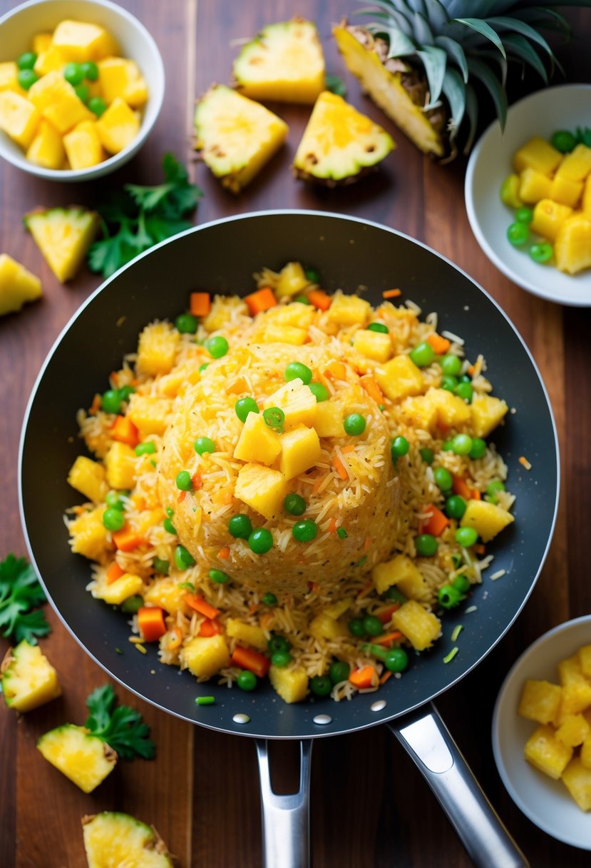 A sizzling wok filled with colorful pineapple fried rice, surrounded by vibrant ingredients like diced vegetables and chunks of juicy pineapple