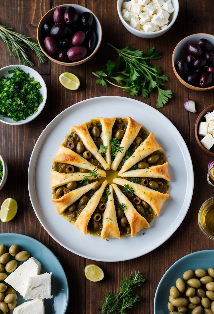 A table set with a platter of Keto Spanakopita surrounded by Mediterranean ingredients such as olives, feta cheese, and fresh herbs