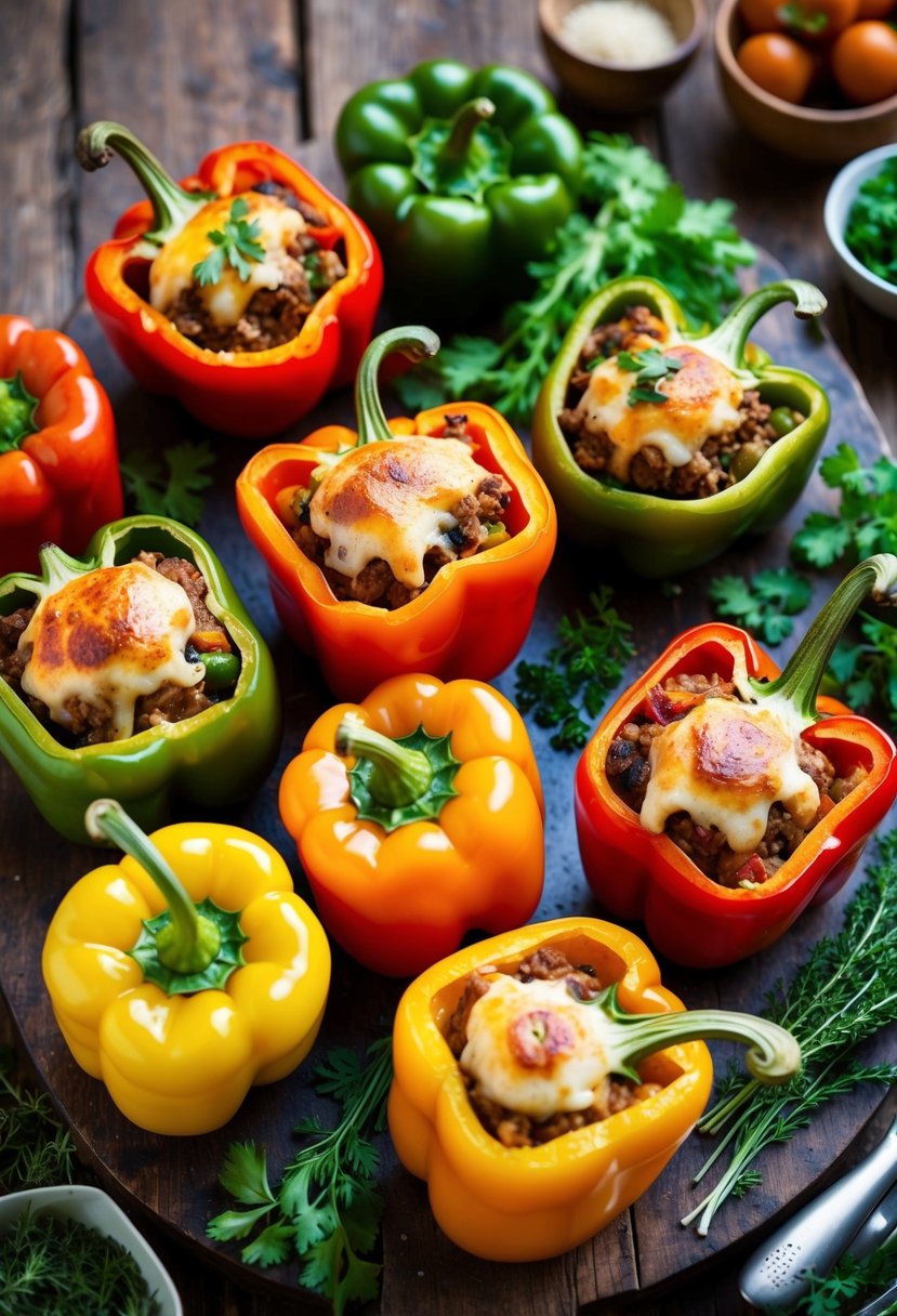 A colorful array of Mediterranean stuffed peppers arranged on a rustic wooden table, surrounded by vibrant fresh herbs and ingredients