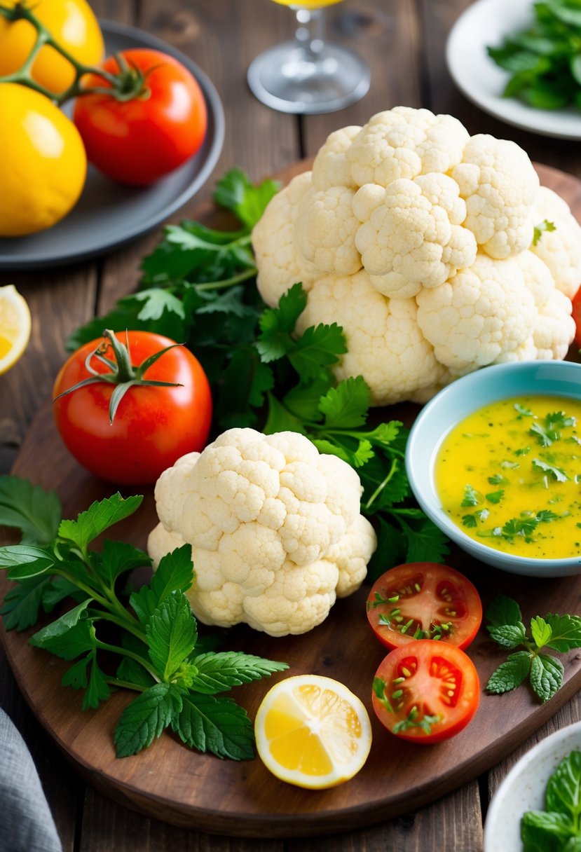 A colorful spread of fresh cauliflower, parsley, tomatoes, and mint arranged on a rustic wooden table, with a bowl of zesty lemon vinaigrette on the side