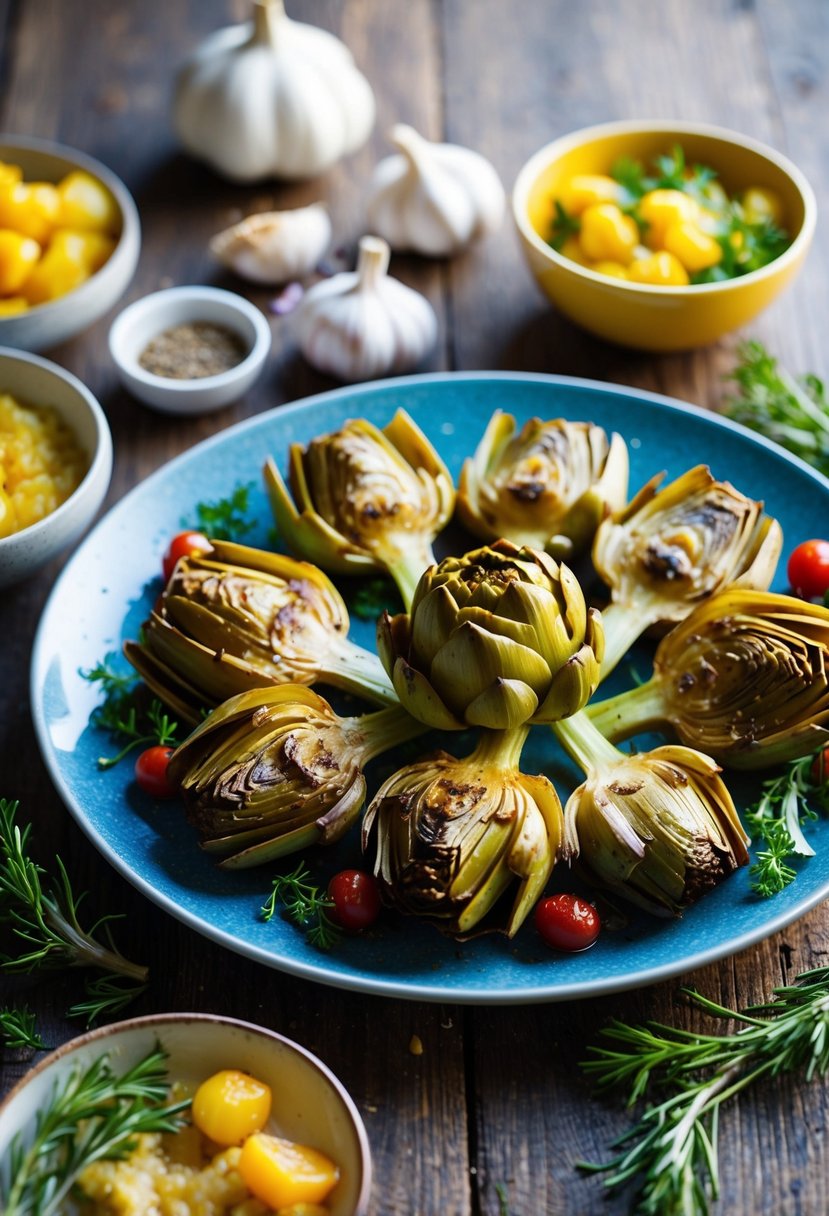 A platter of garlic roasted artichokes, surrounded by vibrant Mediterranean ingredients, sits on a rustic wooden table