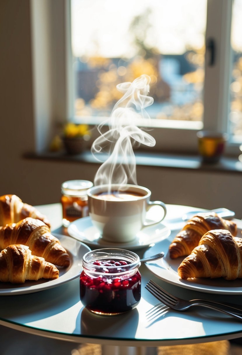 A table set with freshly baked croissants, a jar of jam, and a steaming cup of coffee. Sunlight streams through the window, casting a warm glow on the breakfast spread