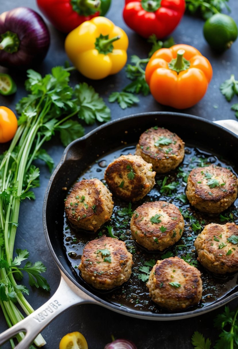 A sizzling skillet of lamb koftas surrounded by colorful Mediterranean vegetables and herbs