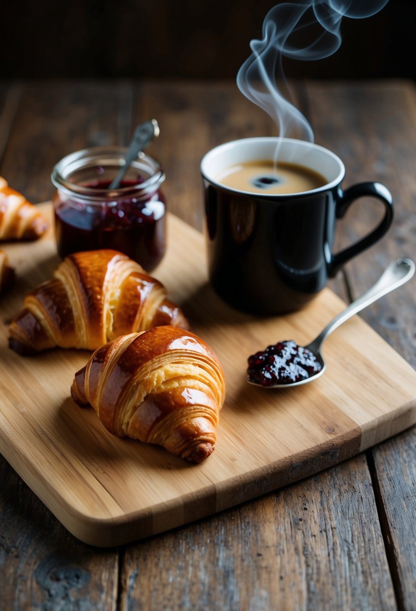 A wooden cutting board with freshly baked butter croissants, a jar of jam, and a steaming cup of coffee on a rustic table