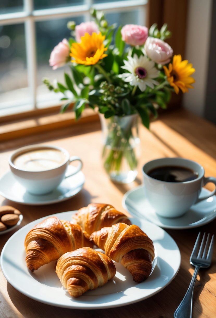 A plate of almond croissants sits on a wooden table next to a cup of coffee and a vase of fresh flowers. Sunlight streams through a window, casting a warm glow on the scene