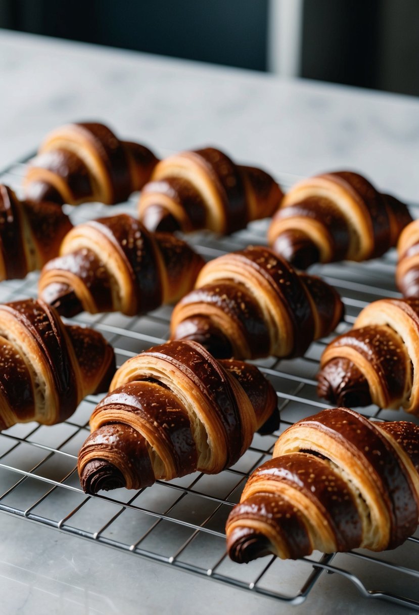 A tray of freshly baked chocolate croissants cooling on a wire rack