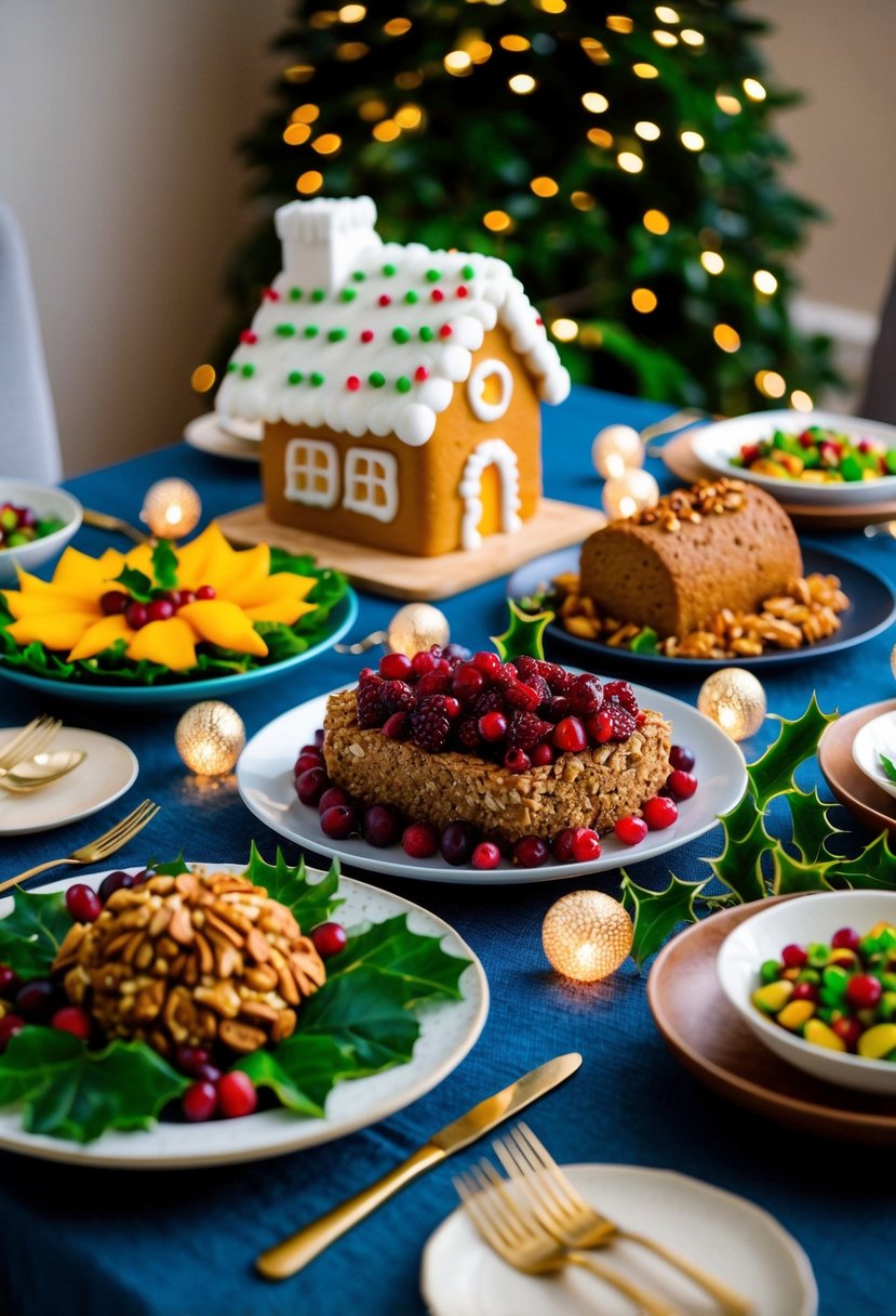 A festive table adorned with colorful, plant-based dishes. A gingerbread house, nut roast, and cranberry-studded salad are surrounded by twinkling lights and holly